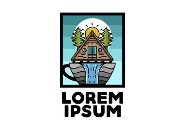 Illustration badge design of a Wood cabin and pine trees on the coffee cup shape with waterfall