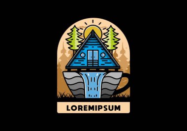 Illustration badge design of a Wood cabin and pine trees on the coffee cup shape with waterfall