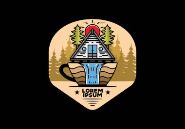 Illustration badge design of a Wood cabin and pine trees on the coffee cup shape with waterfall