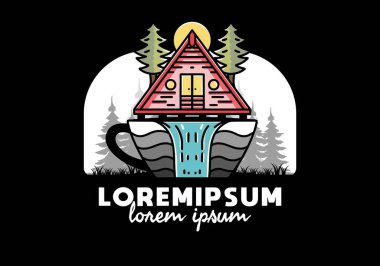 Illustration badge design of a Wood cabin and pine trees on the coffee cup shape with waterfall
