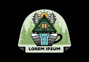 Illustration badge design of a Wood cabin and pine trees on the coffee cup shape with waterfall