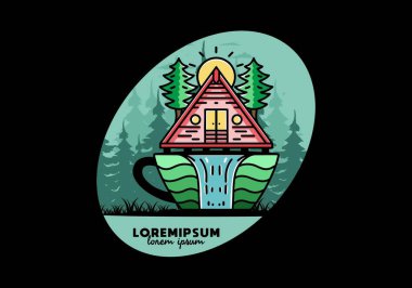 Illustration badge design of a Wood cabin and pine trees on the coffee cup shape with waterfall