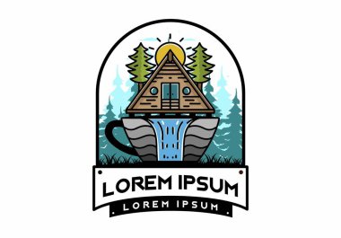 Illustration badge design of a Wood cabin and pine trees on the coffee cup shape with waterfall