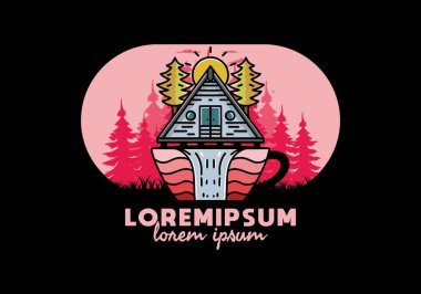 Illustration badge design of a Wood cabin and pine trees on the coffee cup shape with waterfall