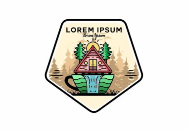 Illustration badge design of a Wood cabin and pine trees on the coffee cup shape with waterfall