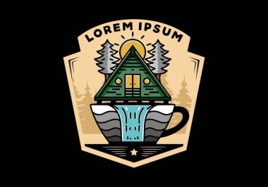 Illustration badge design of a Wood cabin and pine trees on the coffee cup shape with waterfall