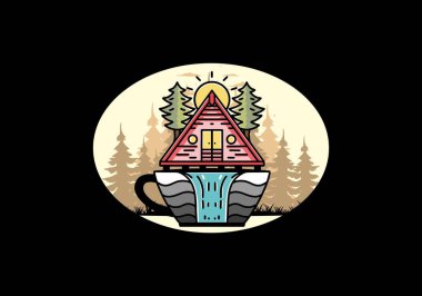 Illustration badge design of a Wood cabin and pine trees on the coffee cup shape with waterfall