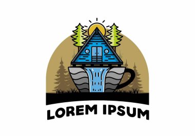Illustration badge design of a Wood cabin and pine trees on the coffee cup shape with waterfall