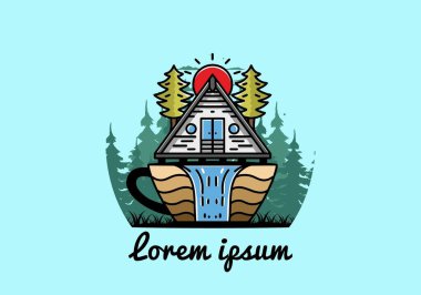 Illustration badge design of a Wood cabin and pine trees on the coffee cup shape with waterfall