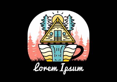 Illustration badge design of a Wood cabin and pine trees on the coffee cup shape with waterfall
