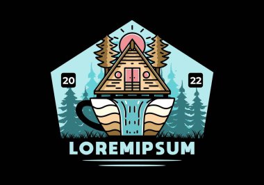 Illustration badge design of a Wood cabin and pine trees on the coffee cup shape with waterfall