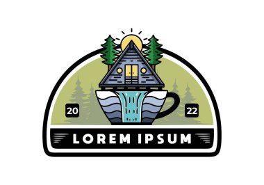 Illustration badge design of a Wood cabin and pine trees on the coffee cup shape with waterfall