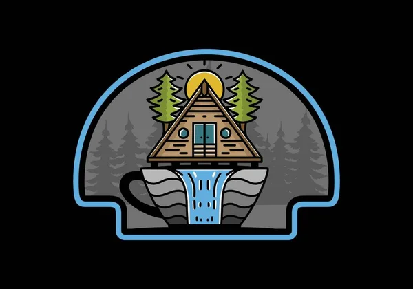 Illustration Badge Design Wood Cabin Pine Trees Coffee Cup Shape — Wektor stockowy