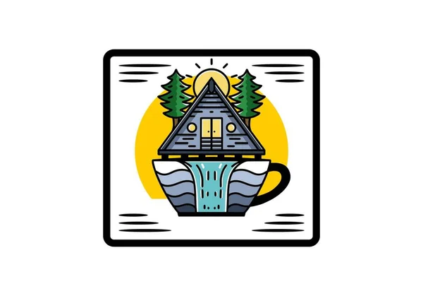 Illustration Badge Design Wood Cabin Pine Trees Coffee Cup Shape — 스톡 벡터