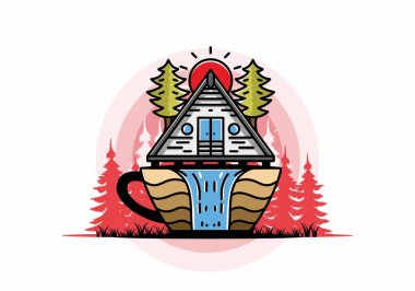 Illustration badge design of a Wood cabin and pine trees on the coffee cup shape with waterfall
