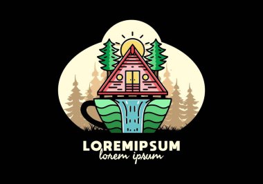 Illustration badge design of a Wood cabin and pine trees on the coffee cup shape with waterfall
