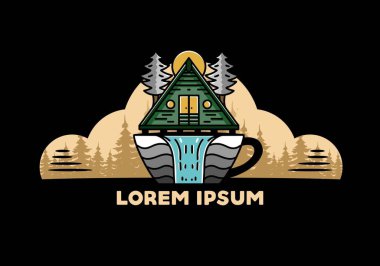 Illustration badge design of a Wood cabin and pine trees on the coffee cup shape with waterfall