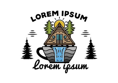 Illustration badge design of a Wood cabin and pine trees on the coffee cup shape with waterfall