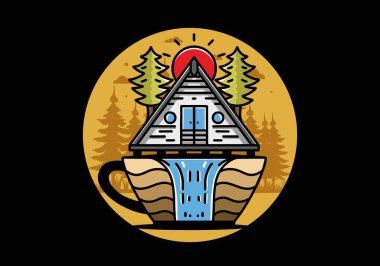 Illustration badge design of a Wood cabin and pine trees on the coffee cup shape with waterfall