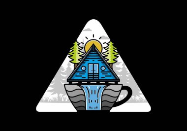 Illustration badge design of a Wood cabin and pine trees on the coffee cup shape with waterfall