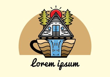 Illustration badge design of a Wood cabin and pine trees on the coffee cup shape with waterfall
