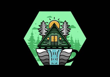 Illustration badge design of a Wood cabin and pine trees on the coffee cup shape with waterfall