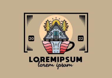 Illustration badge design of a Wood cabin and pine trees on the coffee cup shape with waterfall