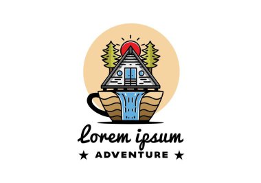 Illustration badge design of a Wood cabin and pine trees on the coffee cup shape with waterfall