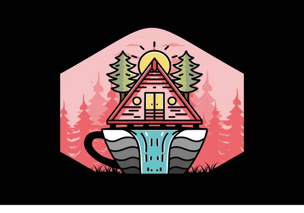 Illustration Badge Design Wood Cabin Pine Trees Coffee Cup Shape — Stockvektor