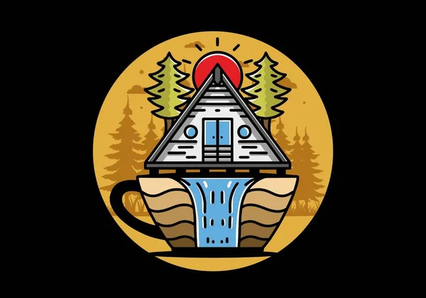 Illustration Badge Design Wood Cabin Pine Trees Coffee Cup Shape — Stock vektor