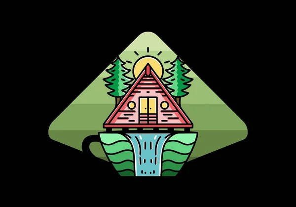 Illustration Badge Design Wood Cabin Pine Trees Coffee Cup Shape — Stock vektor