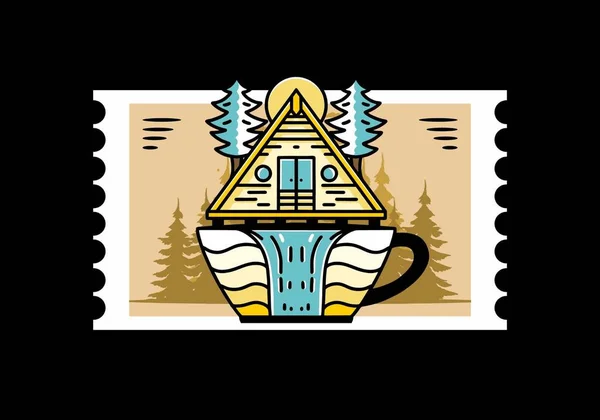 Illustration Badge Design Wood Cabin Pine Trees Coffee Cup Shape — Wektor stockowy
