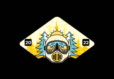 Illustration of a trail helmet with a pine tree beside and big sun