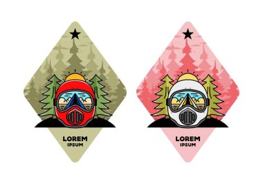 Illustration of a trail helmet with a pine tree beside and big sun