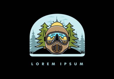 Illustration of a trail helmet with a pine tree beside and big sun