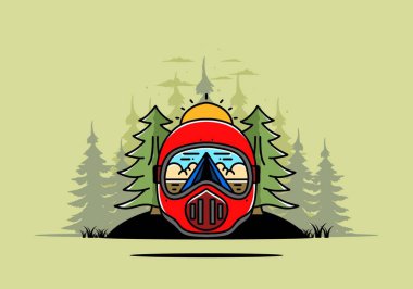 Illustration of a trail helmet with a pine tree beside and big sun