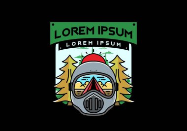 Illustration of a trail helmet with a pine tree beside and big sun