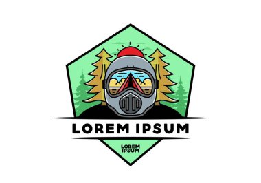 Illustration of a trail helmet with a pine tree beside and big sun