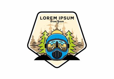 Illustration of a trail helmet with a pine tree beside and big sun