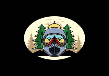 Illustration of a trail helmet with a pine tree beside and big sun