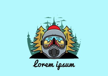 Illustration of a trail helmet with a pine tree beside and big sun