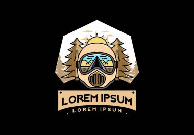 Illustration of a trail helmet with a pine tree beside and big sun