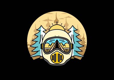 Illustration of a trail helmet with a pine tree beside and big sun