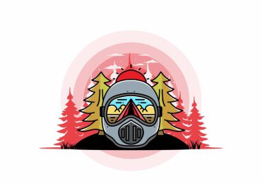 Illustration of a trail helmet with a pine tree beside and big sun