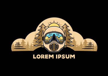 Illustration of a trail helmet with a pine tree beside and big sun