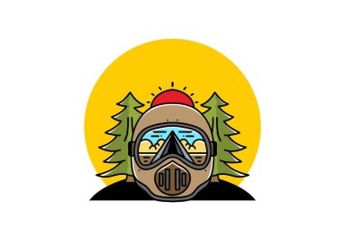 Illustration of a trail helmet with a pine tree beside and big sun