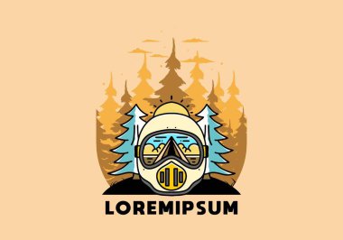 Illustration of a trail helmet with a pine tree beside and big sun