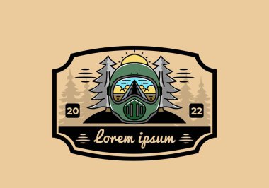 Illustration of a trail helmet with a pine tree beside and big sun