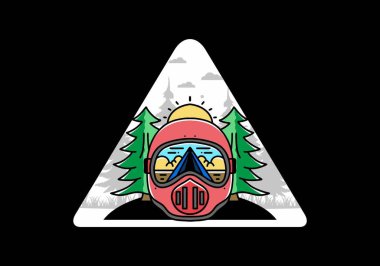 Illustration of a trail helmet with a pine tree beside and big sun