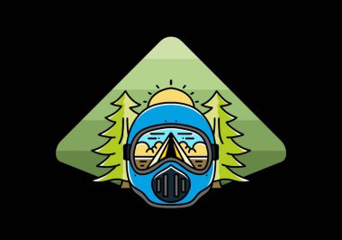 Illustration of a trail helmet with a pine tree beside and big sun